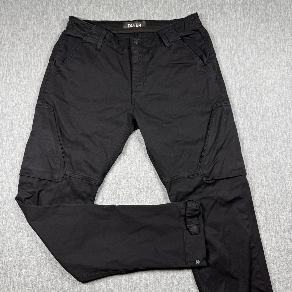 DUER Pants Mens 31x32 Black Live Free Adventure Cargo Stretch Gorpcore Snap Cuff